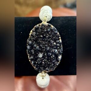 Stretchy Howlite Bracelet with Black Druzy Agate Charm